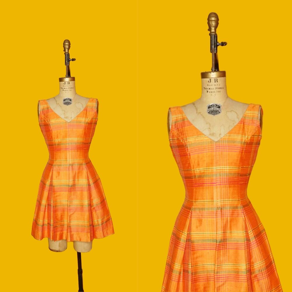 1990s RARE Vintage ANNA SUI. V Neck. Orange Pleated Plaid Dress. S. As Is